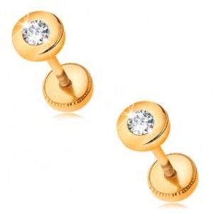 Šperky eshop - Zlaté náušnice 585 - lesklý kruh so vsadeným brúseným zirkónom čírej farby GG188.14