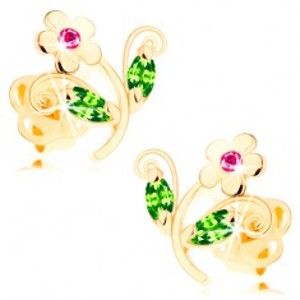 Šperky eshop - Zlaté náušnice 585 - ligotavý farebný kvietok, ružové a zelené zirkóny GG103.06