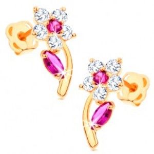 Šperky eshop - Zlaté náušnice 585 - ligotavý kvet zdobený čírymi a ružovými zirkónmi GG105.23