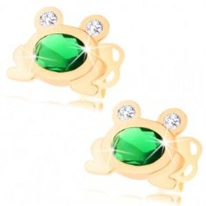 Zlaté náušnice 585 - malá ligotavá žabka so zeleným oválom a čírymi očami