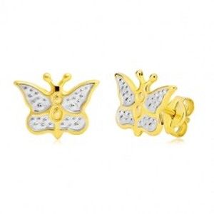 Šperky eshop - Zlaté náušnice 585 - motýlik zdobený bielym zlatom a bodkami GG20.32