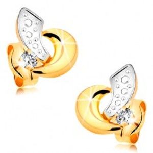 Šperky eshop - Zlaté náušnice 585 - oblúčiky z bieleho a žltého zlata, číry žiarivý briliant BT177.07