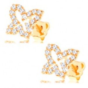 Šperky eshop - Zlaté náušnice 585 - obrys motýľa vykladaný čírymi zirkónmi, puzetky GG105.08