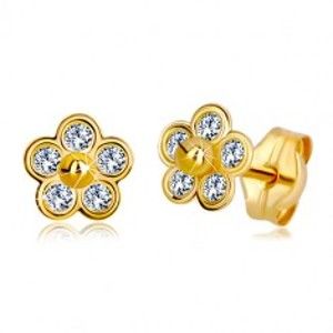 Šperky eshop - Zlaté náušnice 585 - päťlupeňový kvet so zirkónmi a zlatou guličkou v strede GG36.24