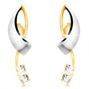 Šperky eshop - Zlaté náušnice 585 - prekrížené dvojfarebné línie, dva číre zirkóny GG16.20