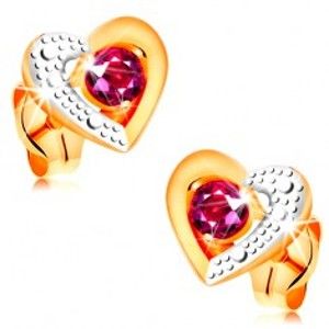 Šperky eshop - Zlaté náušnice 585 - ružový rubín v dvojfarebnom obryse srdca, gravírovanie GG161.15