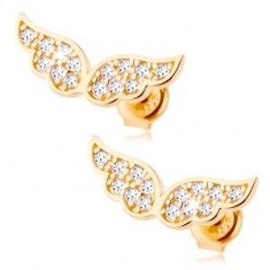Šperky eshop - Zlaté náušnice 585 - trblietavé anjelské krídla vykladané čírymi zirkónikmi GG85.16