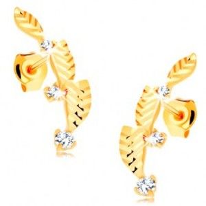 Šperky eshop - Zlaté náušnice 585 - tri lístočky zdobené diamantovým rezom, zirkóny GG114.02