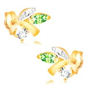 Šperky eshop - Zlaté náušnice 585 - vetvička s listami, zelený smaragd, číry diamant BT501.05