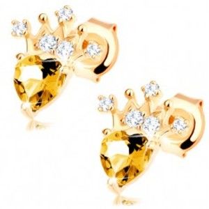 Šperky eshop - Zlaté náušnice 585 - zirkónová korunka, svetložltý srdiečkový citrín GG89.39