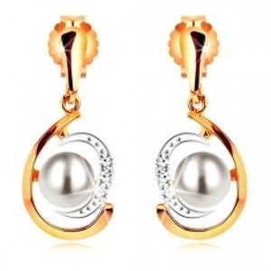 Šperky eshop - Zlaté náušnice 585, dvojfarebná asymetrická slza, biela perla, zirkóny GG188.35