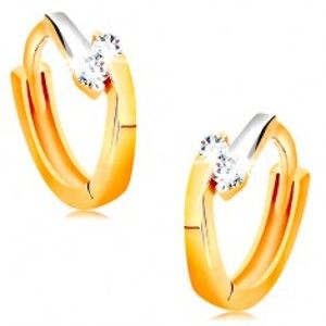 Šperky eshop - Zlaté okrúhle náušnice 585 - dvojfarebné línie a ligotavé číre zirkóny GG15.07