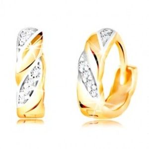 Šperky eshop - Zlaté okrúhle náušnice 585 - šikmé dvojfarebné línie, číre zirkóny GG210.37