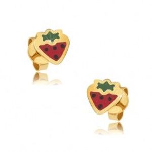 Šperky eshop - Zlaté puzetové náušnice 375 - plochá červeno-zelená jahoda, lesklý email GG02.44