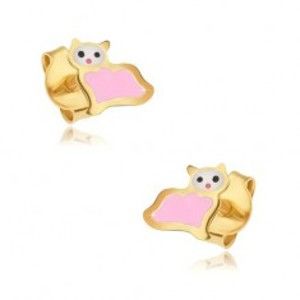 Šperky eshop - Zlaté puzetové náušnice 375 - plochá ružovo-biela mačička, lesklý email GG03.40