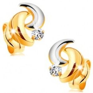 Šperky eshop - Zlaté puzetové náušnice 585 - dvojfarebné oblúčiky a okrúhly číry zirkón GG177.33