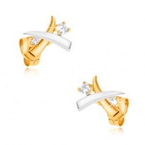 Šperky eshop - Zlaté ródiované náušnice 375 - prekrížené dvojfarebné kly, zirkóny GG35.09