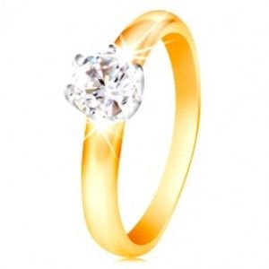 Šperky eshop - Zlatý 14K dvojfarebný prsteň - číry zirkón v šesťcípom kotlíku, vypuklé ramená GG215.79/86 - Veľkosť: 48 mm