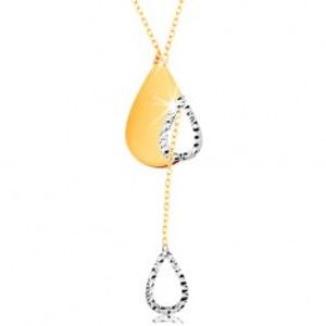 Šperky eshop - Zlatý 14K náhrdelník - jemná retiazka, slza s výrezom a visiaci obrys kvapky GG160.02