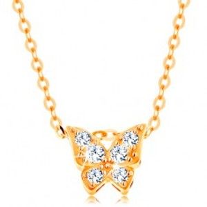 Šperky eshop - Zlatý 14K náhrdelník - lesklá retiazka, motýľ zdobený čírymi zirkónmi GG139.04