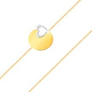 Šperky eshop - Zlatý 14K náramok - jemná retiazka, lesklý plochý kruh, kontúra srdca z bieleho zlata GG159.05
