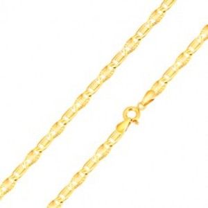 Šperky eshop - Zlatý 14K náramok - podlhovasté očká s obdĺžnikom, očká s lúčovitými zárezmi, 200 mm GG101.07