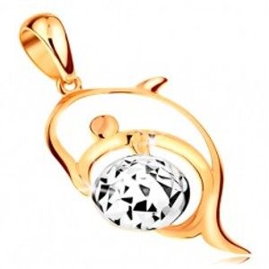 Šperky eshop - Zlatý 14K prívesok - kontúra delfína, lopta z bieleho zlata zdobená zárezmi GG194.57
