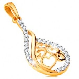 Šperky eshop - Zlatý 14K prívesok - kvapka so srdiečkami v strede, línie čírych zirkónikov GG195.27