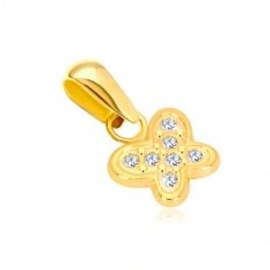 Šperky eshop - Zlatý 14K prívesok - lesklý motýlik vykladaný drobnými čírymi zirkónikmi GG37.38