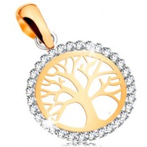 Šperky eshop - Zlatý 14K prívesok - lesklý strom života v zirkónovej kontúre kruhu GG17.35