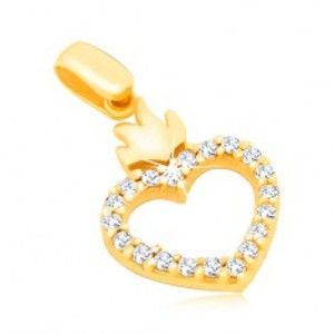 Šperky eshop - Zlatý 14K prívesok - obrys srdca so zirkónmi a s korunkou GG02.09