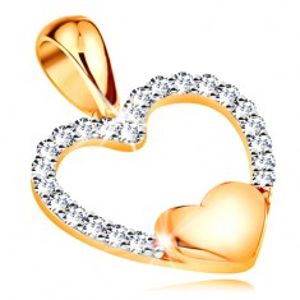 Šperky eshop - Zlatý 14K prívesok - obrys srdca zo zirkónov, malé plné srdiečko v spodnej časti GG194.61