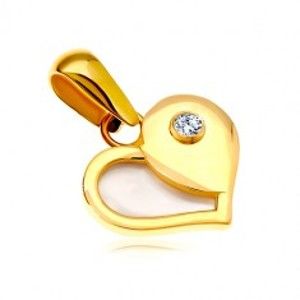 Šperky eshop - Zlatý 14K prívesok - srdce s polovicou z bielej perlete a okrúhlym zirkónom GG18.10