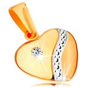 Šperky eshop - Zlatý 14K prívesok - súmerné vypuklé srdce so zirkónom a vlnkou z bieleho zlata GG160.21