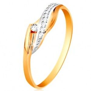 Šperky eshop - Zlatý 14K prsteň - lesklé zvlnené ramená, trblietavá číra vlnka a zirkón GG191.61/67 - Veľkosť: 56 mm