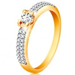 Šperky eshop - Zlatý 14K prsteň - trblietavé ramená, okrúhly číry zirkón v hranatom kotlíku GG197.07/14 - Veľkosť: 49 mm