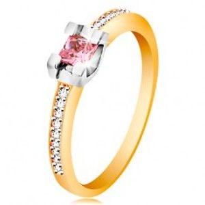 Šperky eshop - Zlatý 14K prsteň - trblietavé ramená, okrúhly ružový zirkón v kotlíku z bieleho zlata GG189.28/35 - Veľkosť: 57 mm
