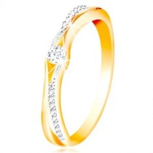 Šperky eshop - Zlatý 14K prsteň, rozdelené ramená zo žltého a bieleho zlata, číre zirkóny GG213.41/47 - Veľkosť: 57 mm