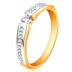 Šperky eshop - Zlatý 14K prsteň s lesklými dvojfarebnými ramenami, číre zirkóny GG195.52/58 - Veľkosť: 55 mm