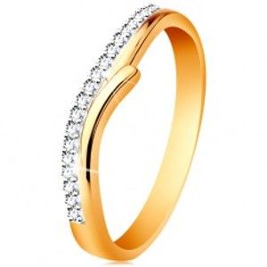 Šperky eshop - Zlatý 14K prsteň s rozdelenými dvojfarebnými ramenami, číre zirkóny GG190.88/97 - Veľkosť: 49 mm