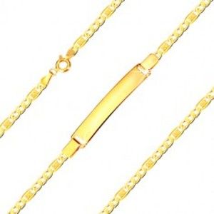 Šperky eshop - Zlatý 585 náramok s platničkou - oválne očká a článok s obdĺžnikom a mriežkou, 210 mm GG25.10