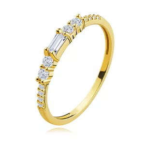 Zlatý 585 prsteň zo žltého zlata - obdĺžnikový a okrúhle číre zirkóny - Veľkosť: 51 mm