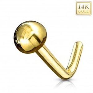 Zlatý 585 zahnutý piercing do nosa - lesklá hladká polgulička, žlté zlato
