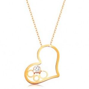 Šperky eshop - Zlatý 9K náhrdelník - tenká retiazka, kontúra srdca s kruhmi a čírym zirkónom GG194.32