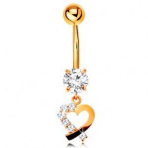 Šperky eshop - Zlatý 9K piercing do pupka - kontúra srdiečka s čírou zirkónovou polovicou GG183.23