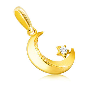Zlatý 9K prívesok - mesiac so skosenými hranami, vrúbkovanie, drobný okrúhly zirkón