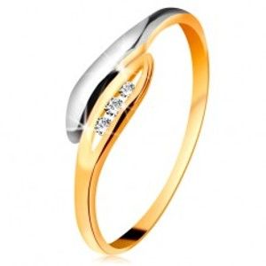 Šperky eshop - Zlatý diamantový prsteň 585 - dvojfarebné zahnuté lístočky, tri číre brilianty BT179.49/55/500.15/21 - Veľkosť: 53 mm