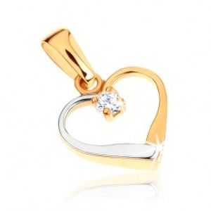 Šperky eshop - Zlatý dvojfarebný prívesok 375 - kontúra symetrického srdca, číry zirkónik GG47.05