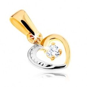 Šperky eshop - Zlatý dvojfarebný prívesok 375 - línia malého srdiečka, kamienok čírej farby GG47.09