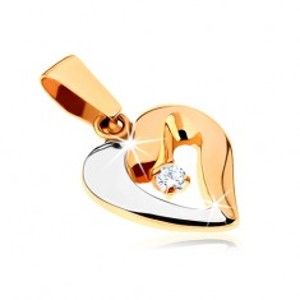 Šperky eshop - Zlatý dvojfarebný prívesok 375 - tučný obrys asymetrického srdca, zirkón GG32.09